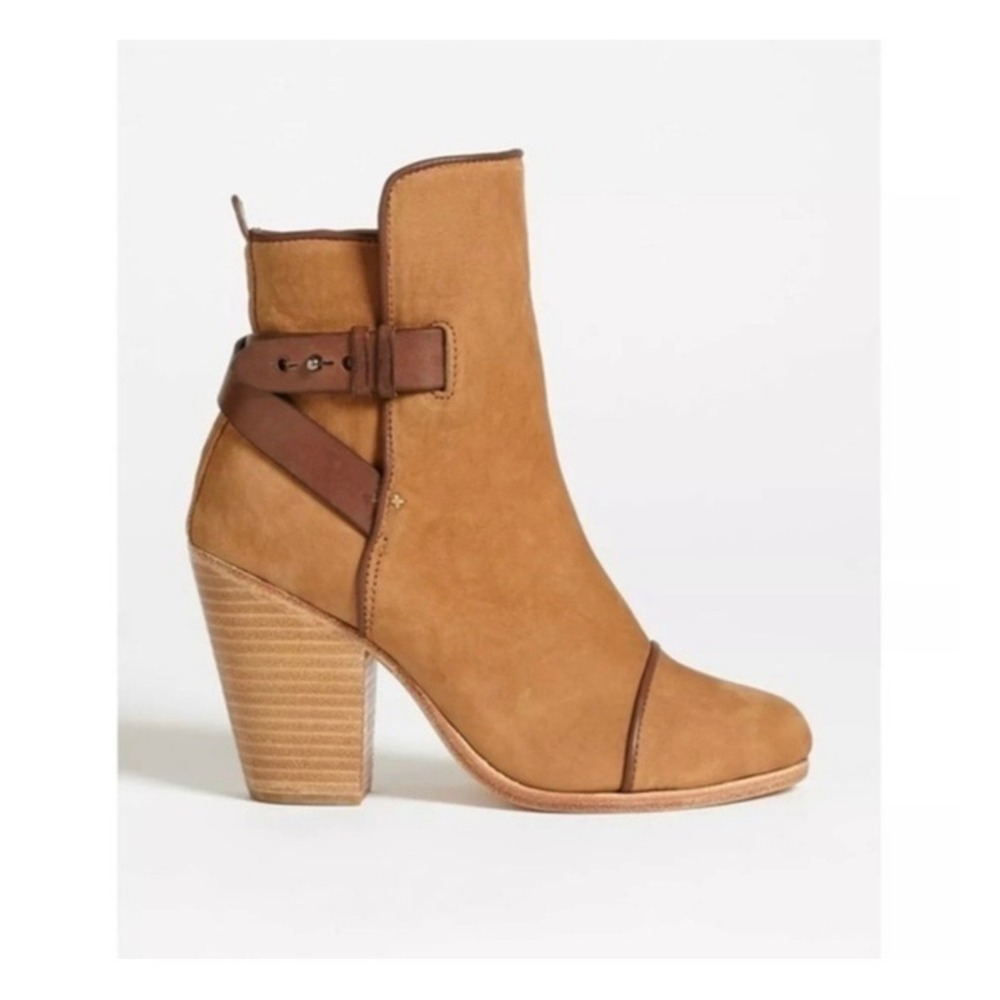 Rag & Bone Harrow Tan Nubuck Leather Ankle Booties Stacked Heel Cap Toe